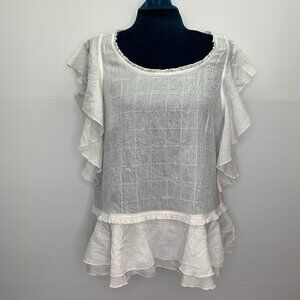 Liverpool Top Medium White Sheer Summer Ruffle Shirt Window Pane Peplum